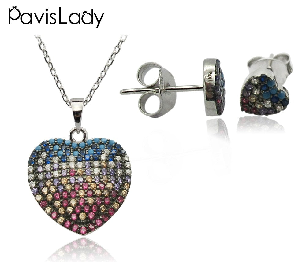 Real 925 Sterling Silver Heart Earring and Necklace Jewelry Sets Mix Color Fine Jewelry in Perfect Quality for Gift