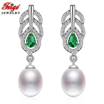 Peacock Feather Pearl Stud Earrings for Woman Anniversary Jewelry Gift 8-9MM White Pearl Cubic Zirconia Earring FEIGE