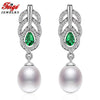 Peacock Feather Pearl Stud Earrings for Woman Anniversary Jewelry Gift 8-9MM White Pearl Cubic Zirconia Earring FEIGE