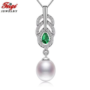 Peacock Feather Natural Pearl Pendant Necklaces for Lady Gifts 8-9MM Pearl Cubic Zirconia Pendants Fine Jewelry FEIGE
