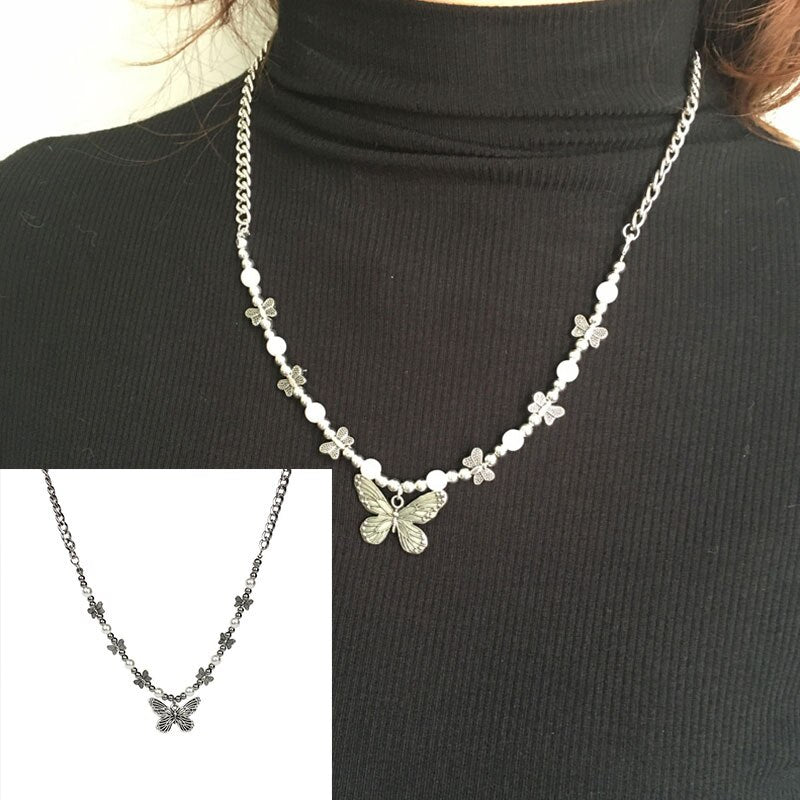 Pearl Butterfly Necklace Choker Hip Hop Gifts Chain Necklace Butterfly Pendant Clavicle Chain Jewelry Pearl Butterfly Necklace