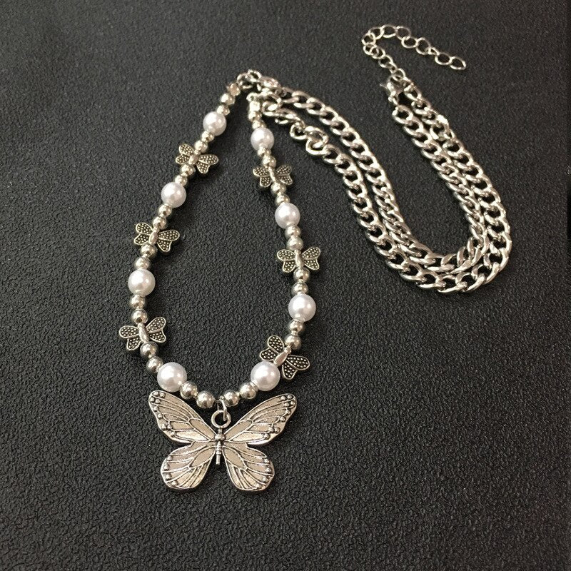 Pearl Butterfly Necklace Choker Hip Hop Gifts Chain Necklace Butterfly Pendant Clavicle Chain Jewelry Pearl Butterfly Necklace