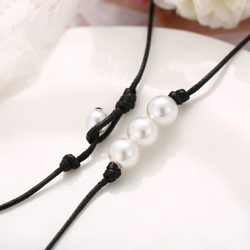 Pearl Decor Choker Necklace Faux Pearl Handmade Fake Leather Rope Necklace Choker Chain Women's Neck Chain