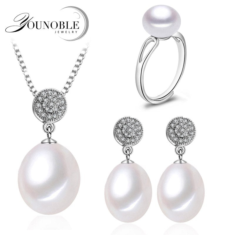 Pearl Jewelry Sets 925 Silver Pearl Pendant Necklace with Earrings and Ring Whole Set Fashion Jewelry White Pink