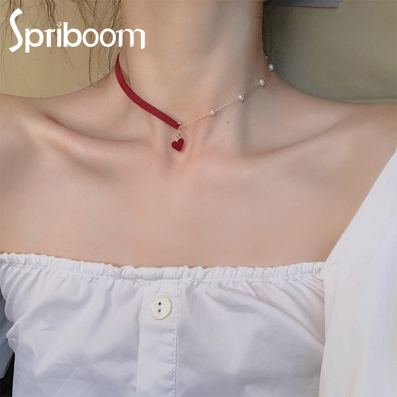Pearl Red Heart Choker Necklaces for Women Girls Sweet Clavicle Chain Velvet Red Rope Wedding Jewelry Temperament Accessories