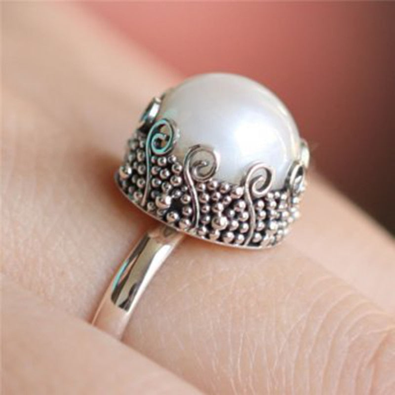 Pearl Ring Round Vintage Slver Wedding Rings for Women Jewelry Couple Love Ring Women Gifts Accessories Anillos Mujer O5Q933