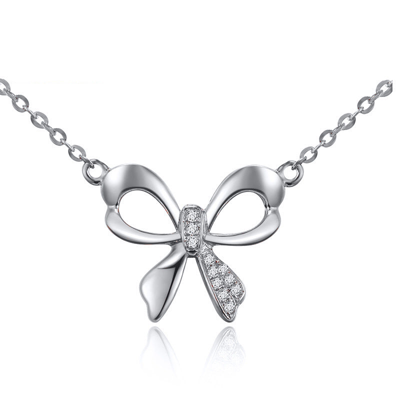 Pendant Necklace Silver 925 Bowknot Shape with Cz Rose Gold Link Chains For Women HN020