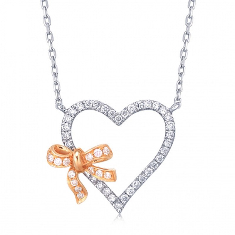 Pendant Necklace Silver 925 Heart Shape with Rose Gold Bowknot Chains For Women HN023