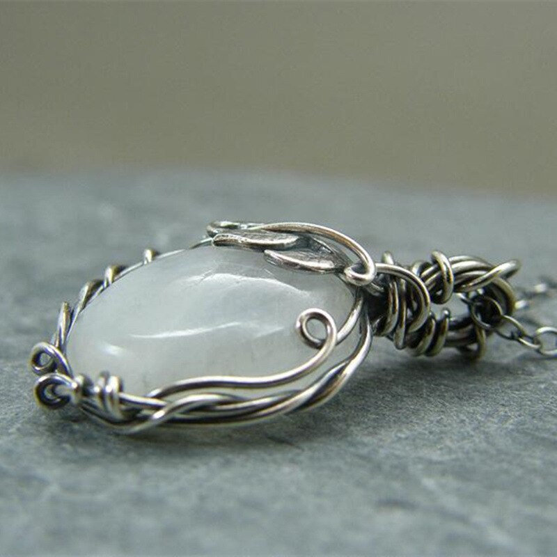 Pendant Necklace Silver Color Chain Crystal Vintage Winding Moonstone Necklaces for Women Female Jewelry Gifts for Girl