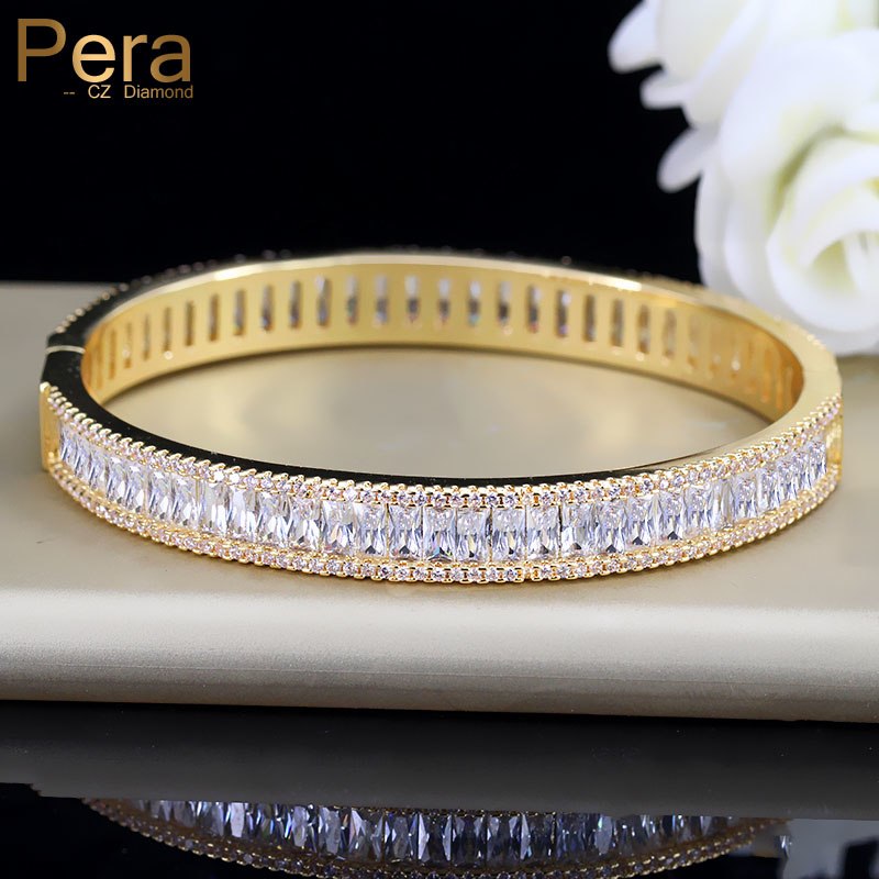 Pera Luxury Indian Dubai Bridal Wedding Gift Big Cubic Zircon Vintage Baguette Bracelet Bangle Gold Color Jewelry For Women Z010