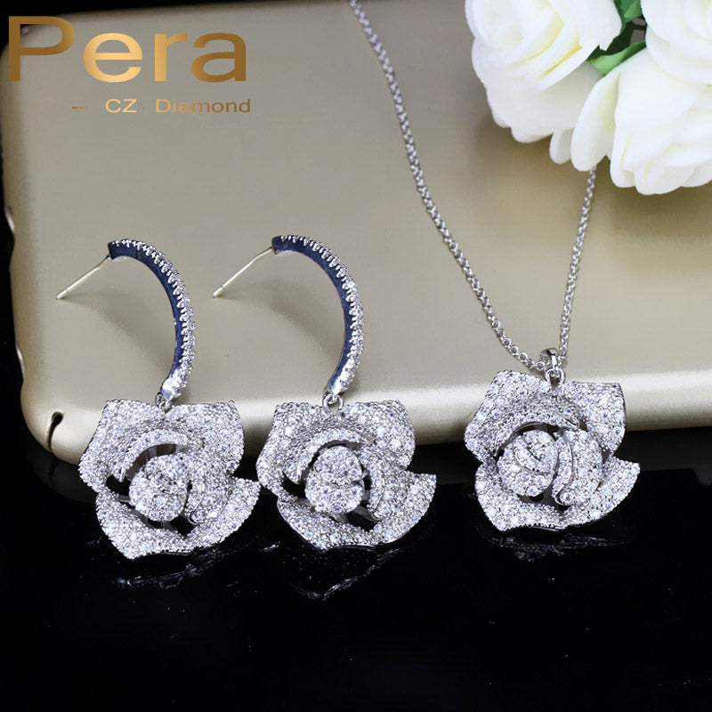Pera Romantic Rose Flower Earrings And Necklace Big Bridal Wedding Party Cubic Zirconia Jewelry Sets Lovely Gift For Brides J197
