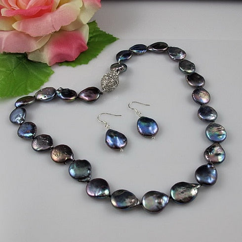 Perfect Coin Pearl Necklace earrings jewellery set 13-14mm Black Pearls Rhinestone Magnet Clasp New Free Shippng