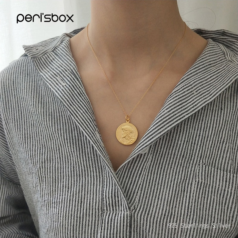 925 Sterling Sliver Coin Pendant Necklaces for Women Double Portrait Chain Chokers Gold Color Disc Layering Necklaces