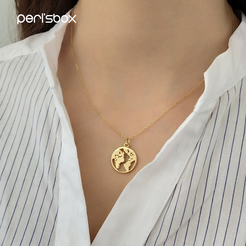 925 Sterling Sliver World Map Pendant Necklaces Gold Color Round Globe Charm Choker Simple Link Necklaces For Women