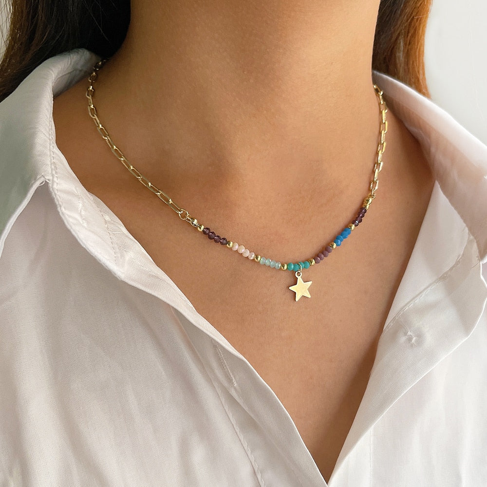 Peri'sBox Cute Multicolor Acrylic Bead Five-Pointed Star Pendant Necklace For Women Trendy Mixed Chain Necklaces