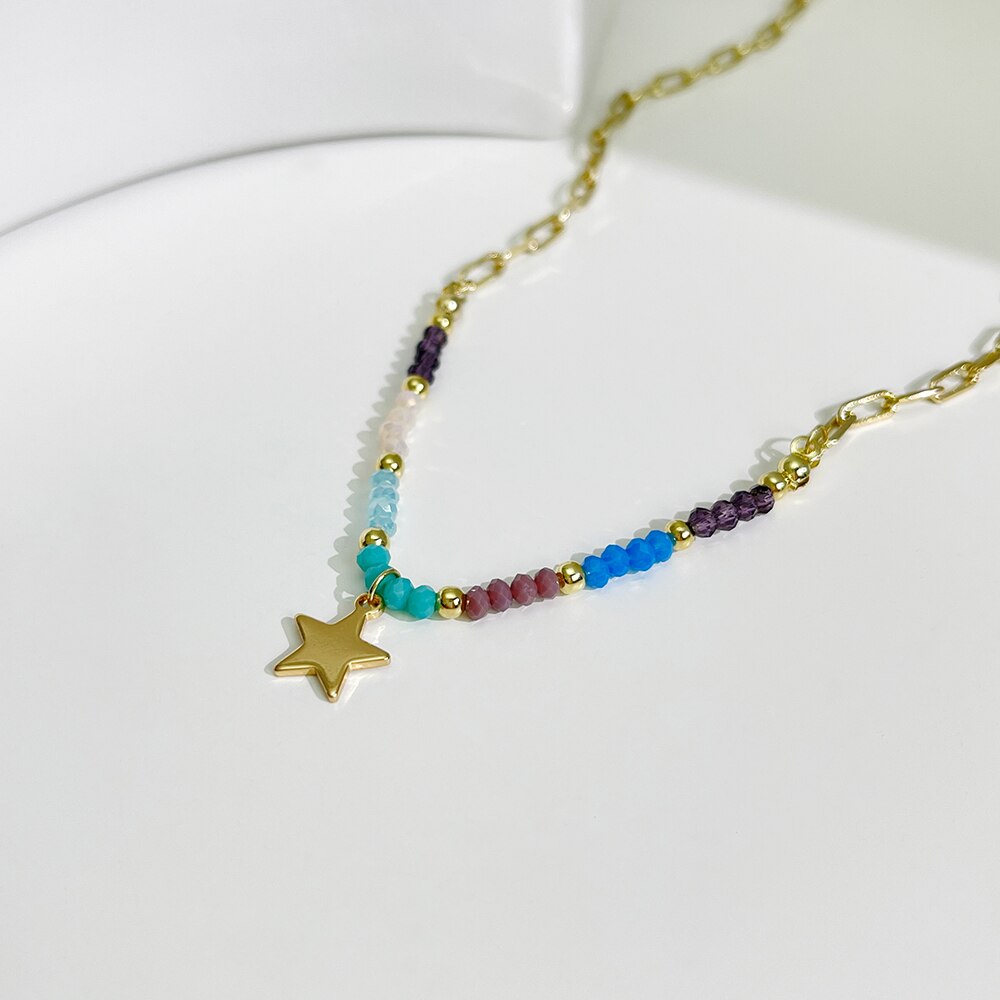 Peri'sBox Cute Multicolor Acrylic Bead Five-Pointed Star Pendant Necklace For Women Trendy Mixed Chain Necklaces