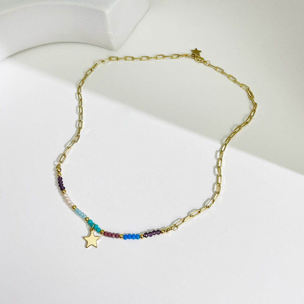 Peri'sBox Cute Multicolor Acrylic Bead Five-Pointed Star Pendant Necklace For Women Trendy Mixed Chain Necklaces