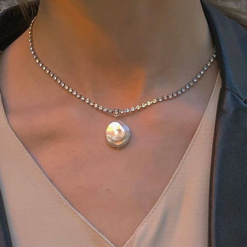 Peri'sBox Flat Natural Freshwater Pearl Necklaces Rhinestone Tennis Chain Necklaces for Women Minimalist Necklace Trendy Jewelry