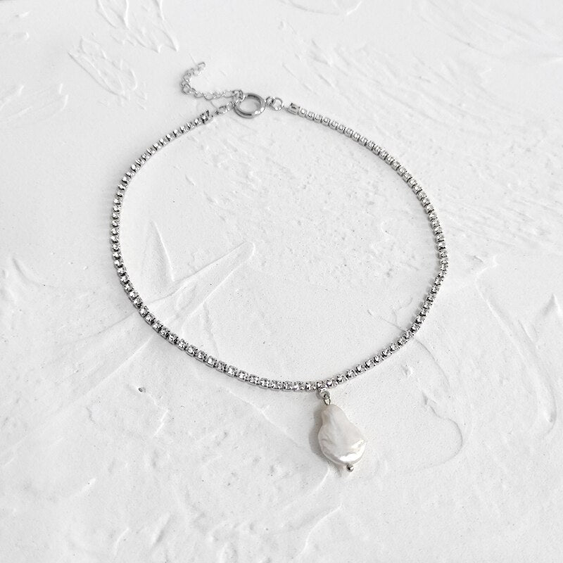 Peri'sBox Flat Natural Freshwater Pearl Necklaces Rhinestone Tennis Chain Necklaces for Women Minimalist Necklace Trendy Jewelry