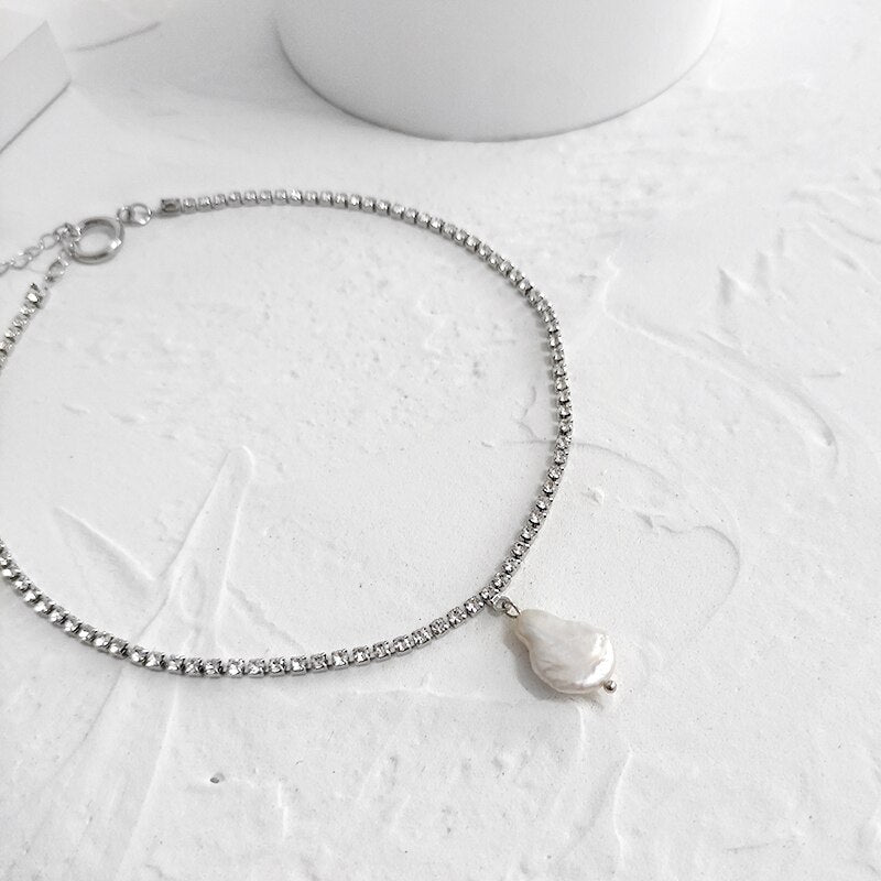 Peri'sBox Flat Natural Freshwater Pearl Necklaces Rhinestone Tennis Chain Necklaces for Women Minimalist Necklace Trendy Jewelry