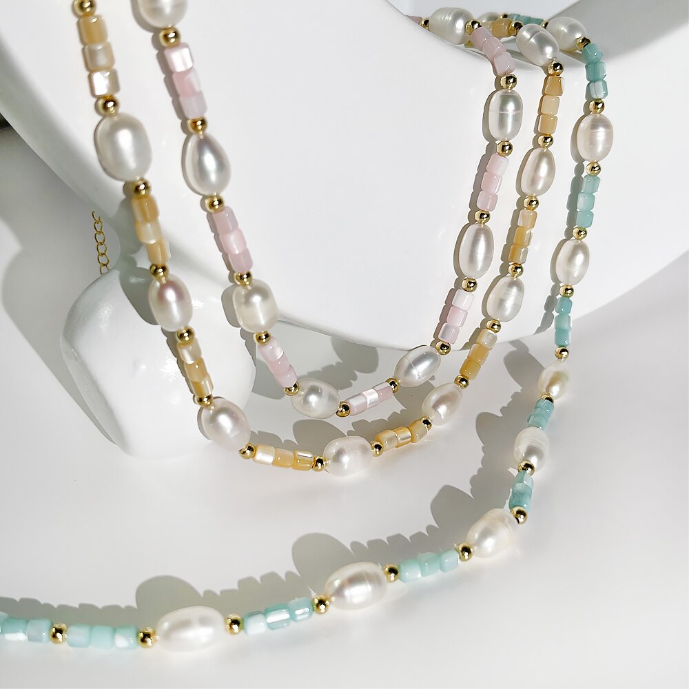 Peri'sBox French Delicate Freshwater Pearl Acrylic Bead Chain Necklaces Sweet Color Beaded Chain Necklace For Women Jewelry