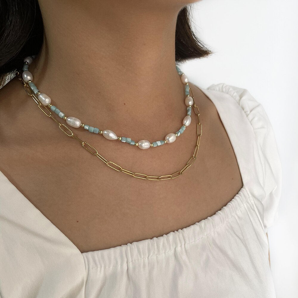 Peri'sBox French Delicate Freshwater Pearl Acrylic Bead Chain Necklaces Sweet Color Beaded Chain Necklace For Women Jewelry