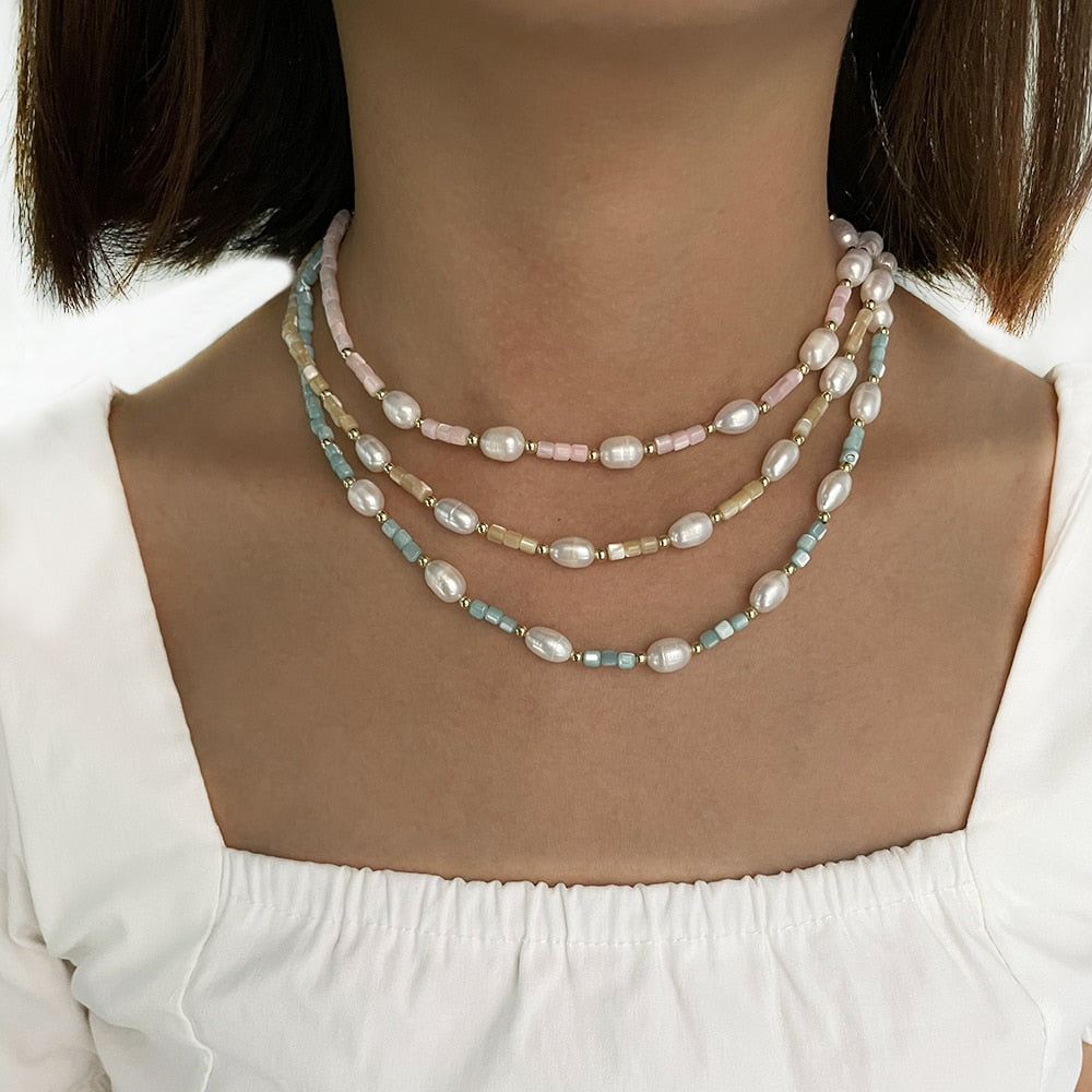 Peri'sBox French Delicate Freshwater Pearl Acrylic Bead Chain Necklaces Sweet Color Beaded Chain Necklace For Women Jewelry