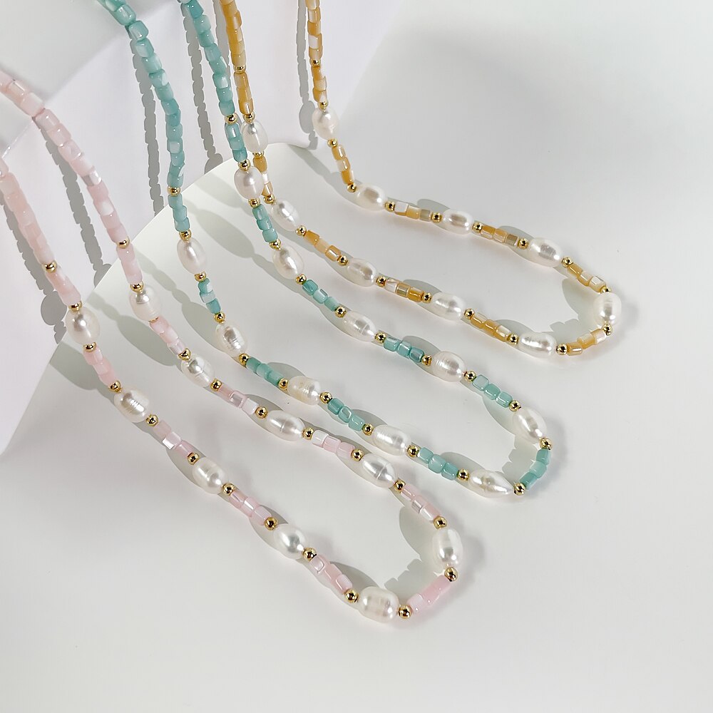 Peri'sBox French Delicate Freshwater Pearl Acrylic Bead Chain Necklaces Sweet Color Beaded Chain Necklace For Women Jewelry