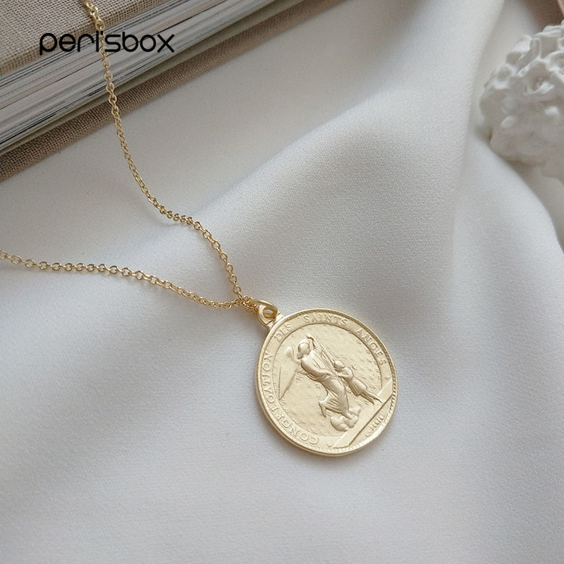 Gold Color Angel Medallion Necklaces for Women 925 Sterling Silver Coin Layering Necklace Guardian Baby Charms Chokers