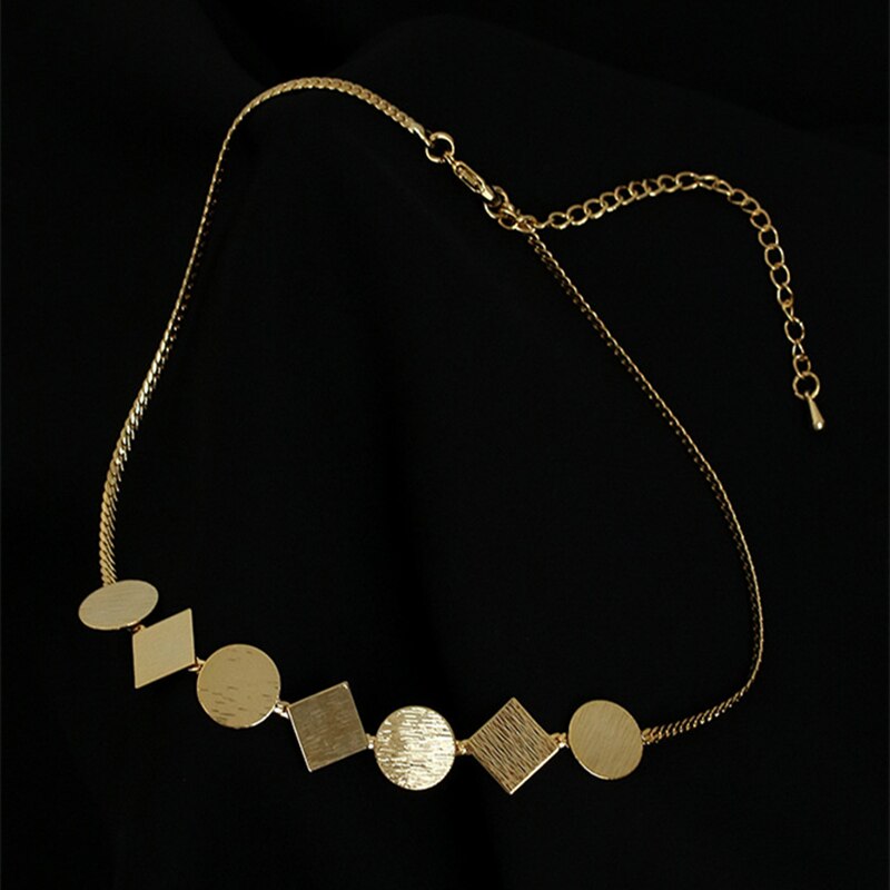 Peri'sBox Gold Color Brushed Coin Choker Necklace Geometrical African Jewelry Thin Herringbone Chains Metal Necklaces 2021 New