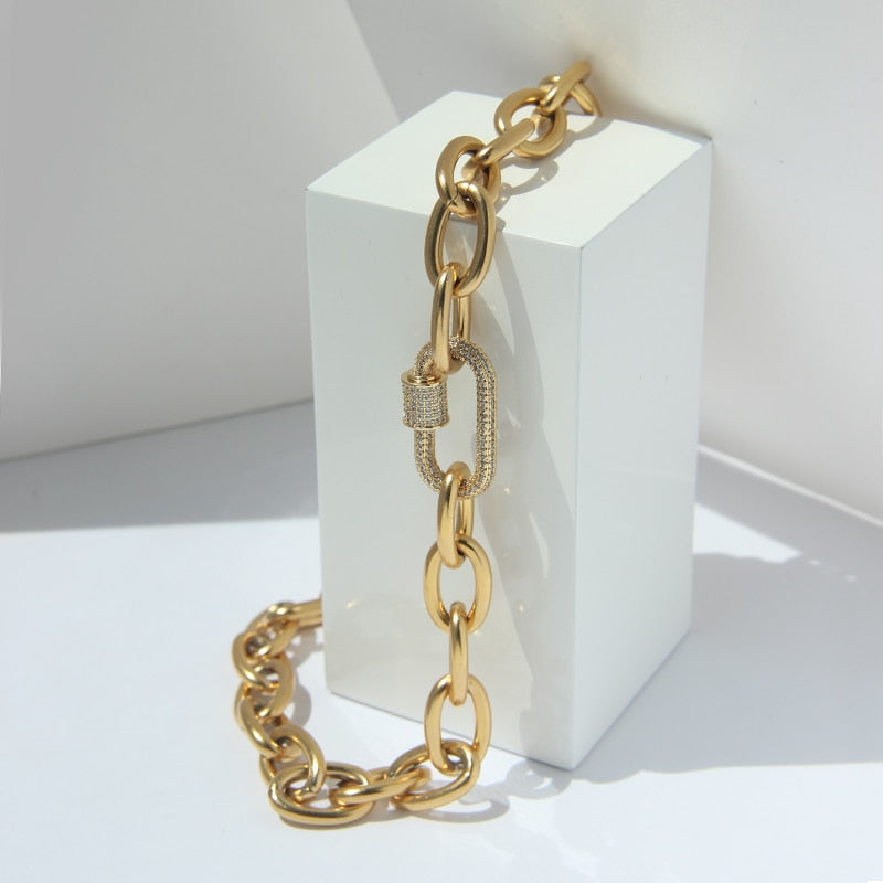 Peri'sBox Gold Color Chunky Chain Carabiner Necklace Clip CZ Stone Necklaces for Women Minimalist Choker Necklaces 2021 Jewelry