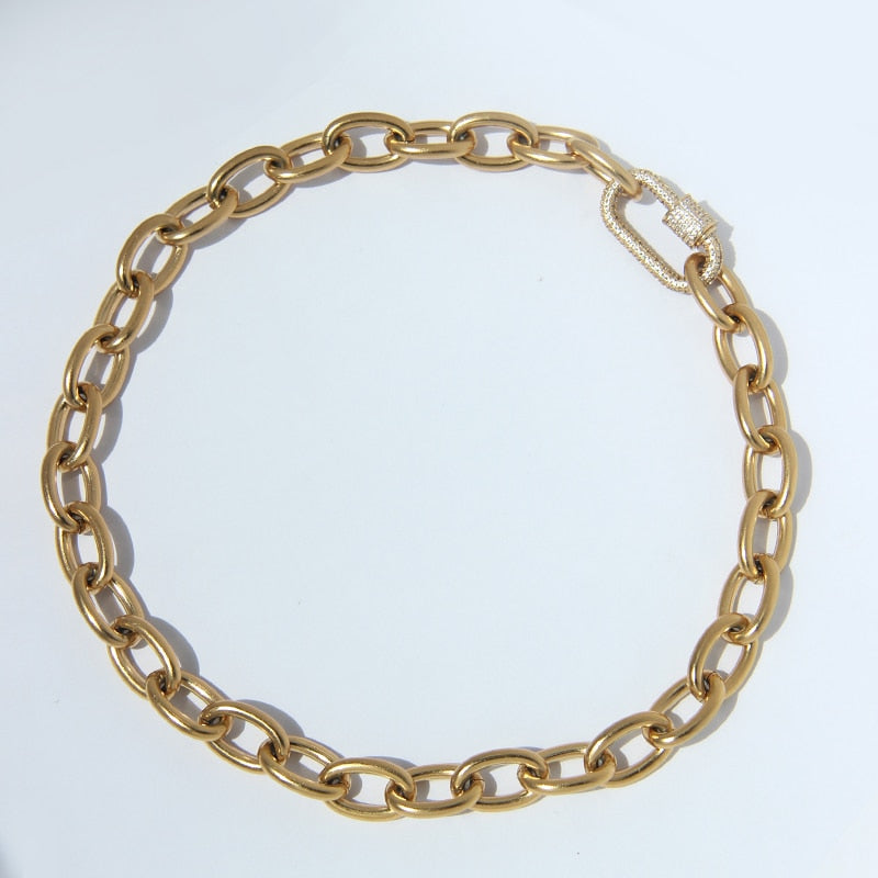 Peri'sBox Gold Color Chunky Chain Carabiner Necklace Clip CZ Stone Necklaces for Women Minimalist Choker Necklaces 2021 Jewelry