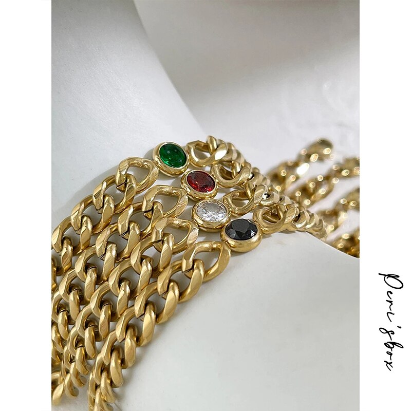 Peri'sBox Gold Color Stainless Steel Chain Necklace With Zirconia Hip Hop Thick Chunky Choker Acero Inoxidable Bijoux 2022