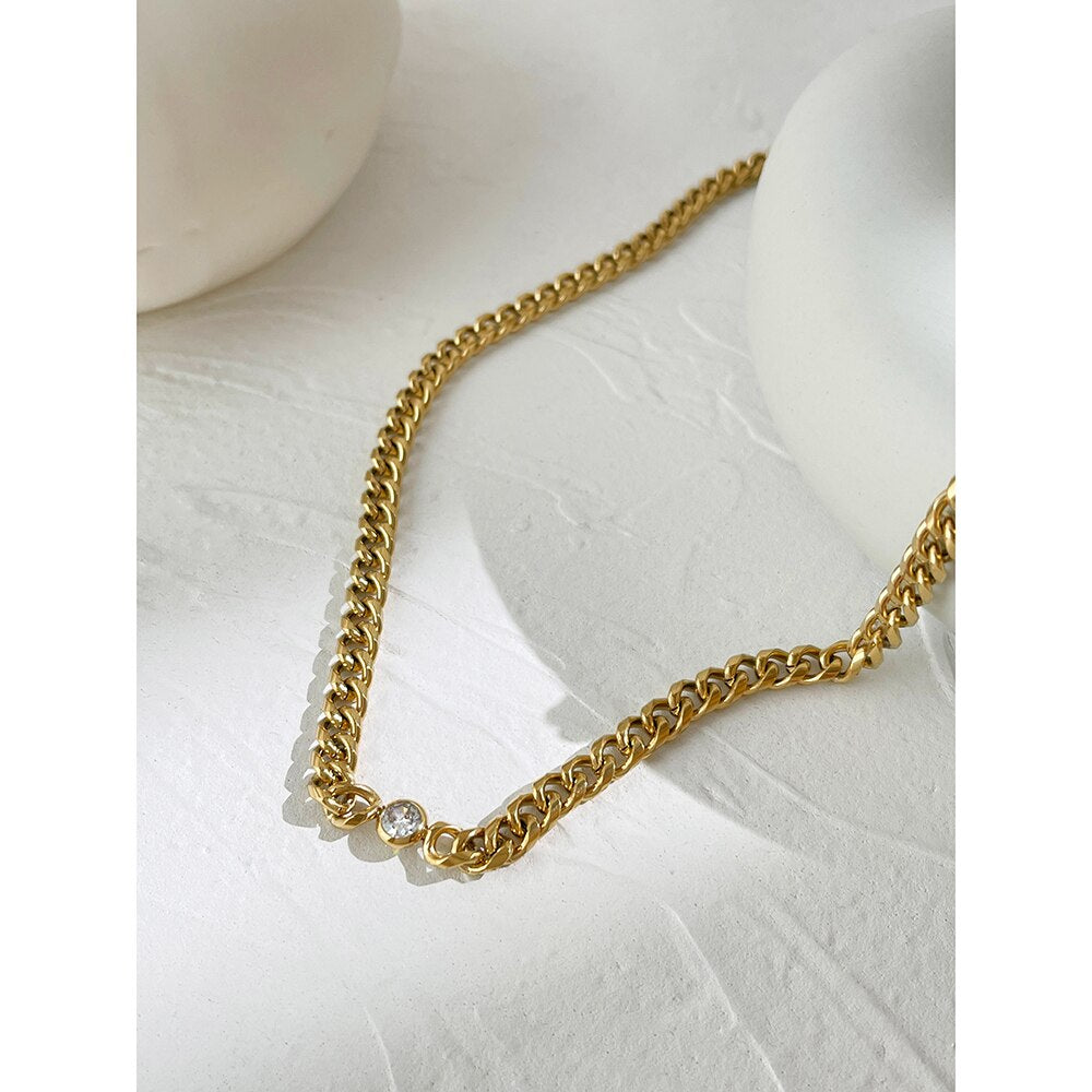 Peri'sBox Gold Color Stainless Steel Chain Necklace With Zirconia Hip Hop Thick Chunky Choker Acero Inoxidable Bijoux 2022