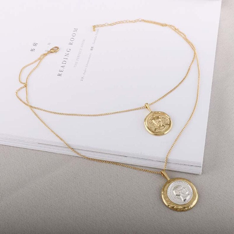 Peri'sBox Gold Sliver Color Double Portrait Chokers Necklaces Coin Disc Layered Pendant Choker Bohemia  Necklaces Femme Jewelry
