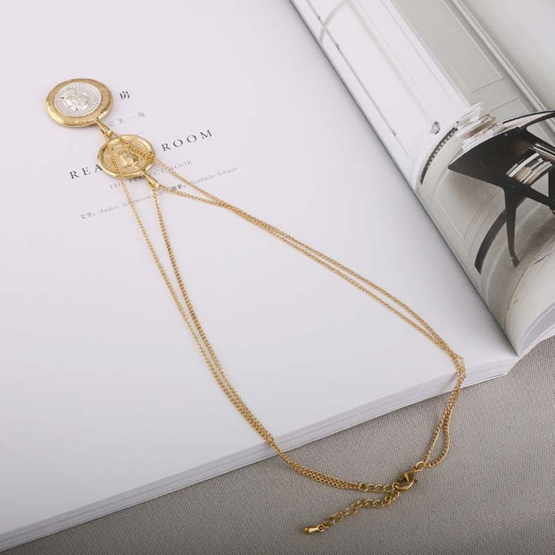 Peri'sBox Gold Sliver Color Double Portrait Chokers Necklaces Coin Disc Layered Pendant Choker Bohemia  Necklaces Femme Jewelry