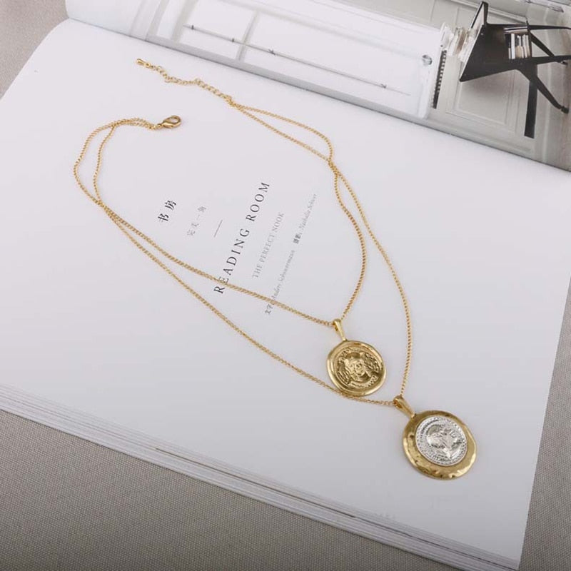 Peri'sBox Gold Sliver Color Double Portrait Chokers Necklaces Coin Disc Layered Pendant Choker Bohemia  Necklaces Femme Jewelry
