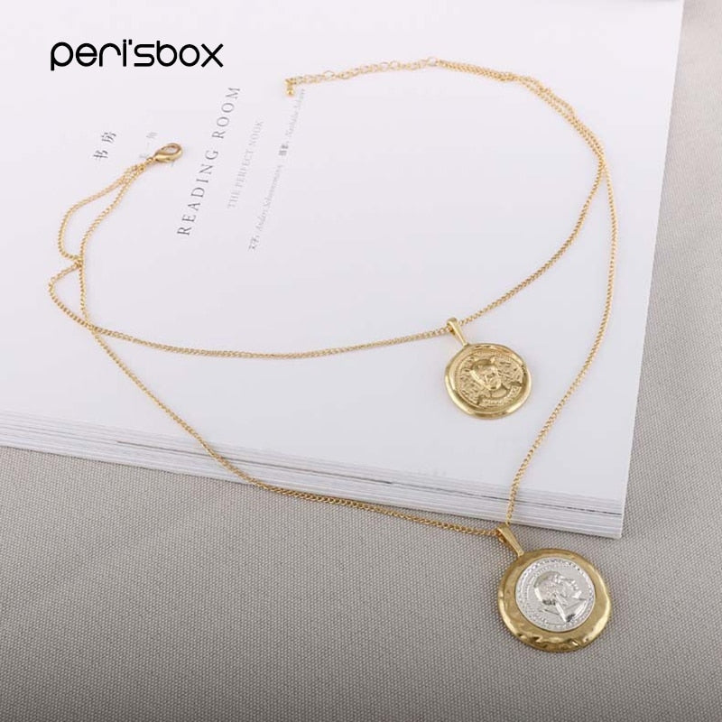 Peri'sBox Gold Sliver Color Double Portrait Chokers Necklaces Coin Disc Layered Pendant Choker Bohemia  Necklaces Femme Jewelry
