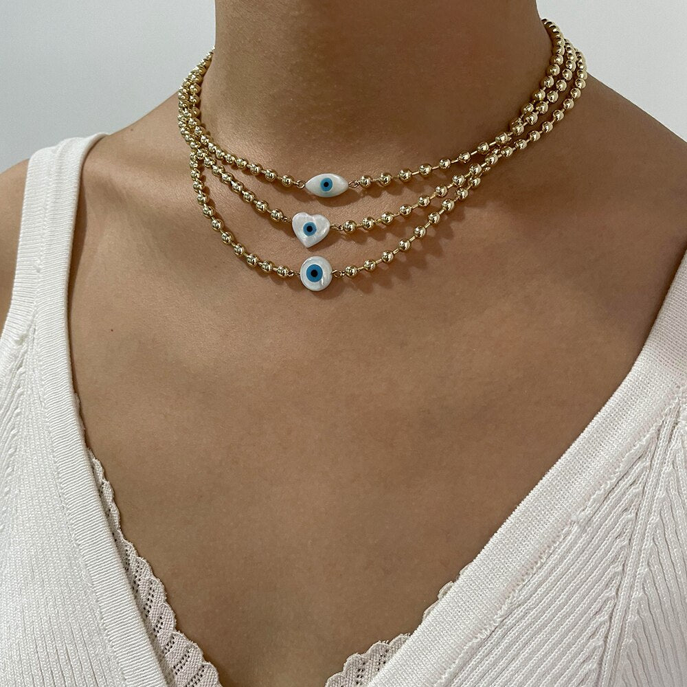 Peri'sBox Heart Oval Round Evil Eyes Shell Pearls Charm Necklace For Women Gold Color Brass Beads Choker With OT Toggle Clasp