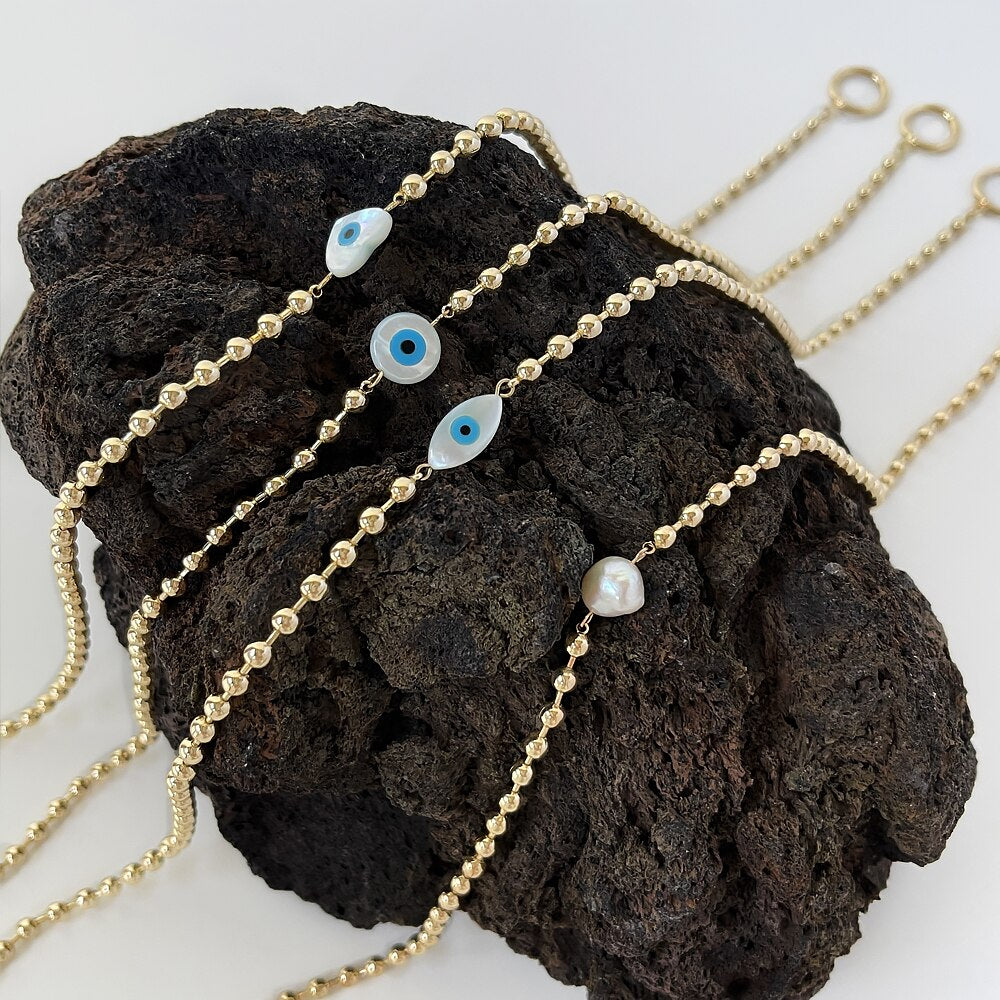 Peri'sBox Heart Oval Round Evil Eyes Shell Pearls Charm Necklace For Women Gold Color Brass Beads Choker With OT Toggle Clasp