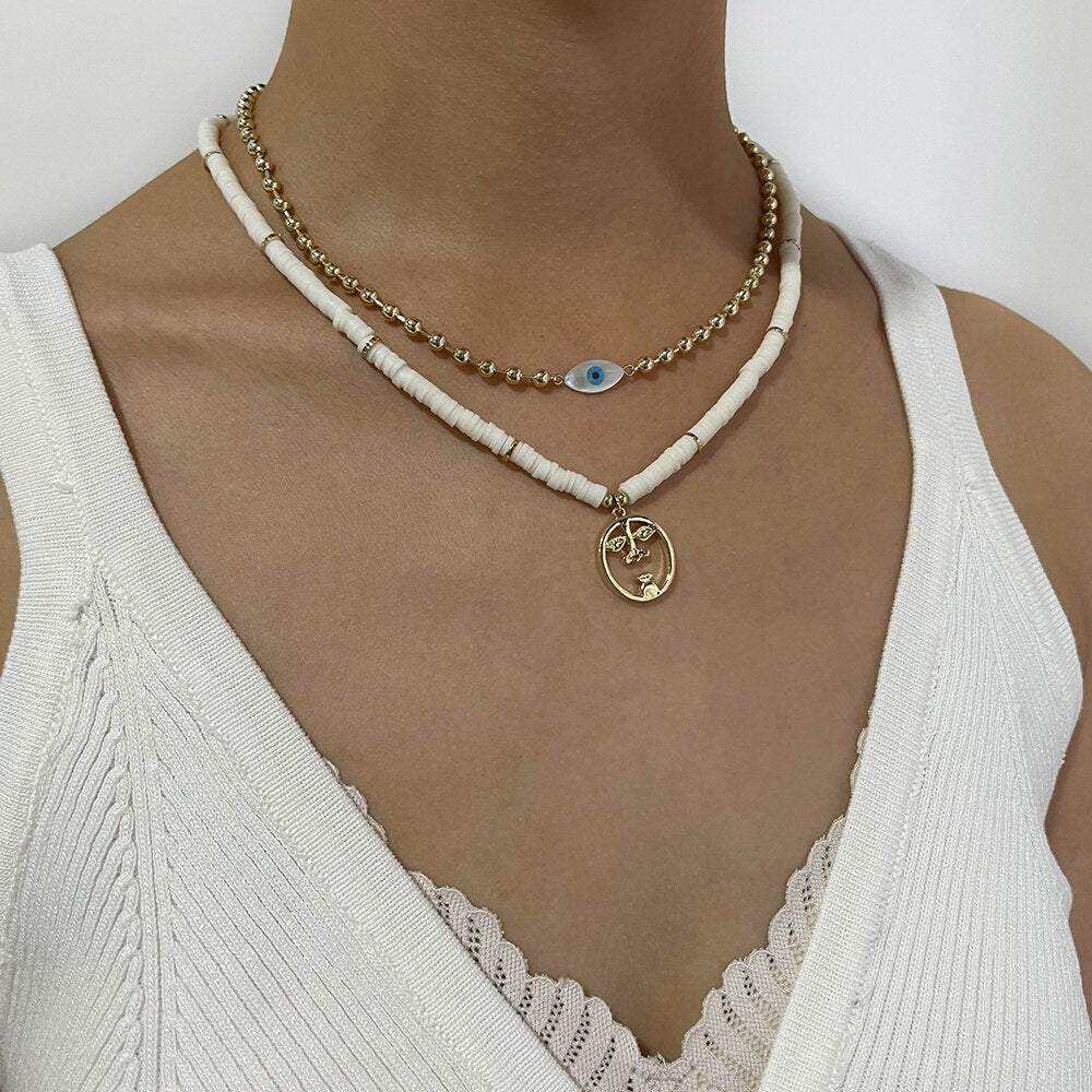 Peri'sBox Heart Oval Round Evil Eyes Shell Pearls Charm Necklace For Women Gold Color Brass Beads Choker With OT Toggle Clasp