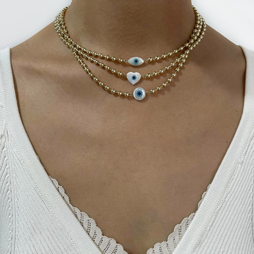 Peri'sBox Heart Oval Round Evil Eyes Shell Pearls Charm Necklace For Women Gold Color Brass Beads Choker With OT Toggle Clasp