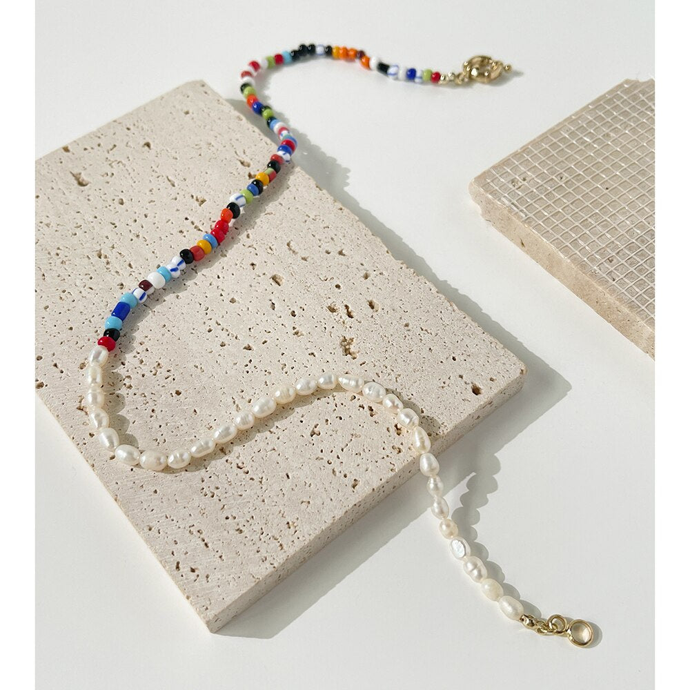 Peri'sBox Trendy Asymmetric Colorful Acrylic Bead Pearl Choker For Women Boho Freshwater Pearl Toggle Clasp Necklaces