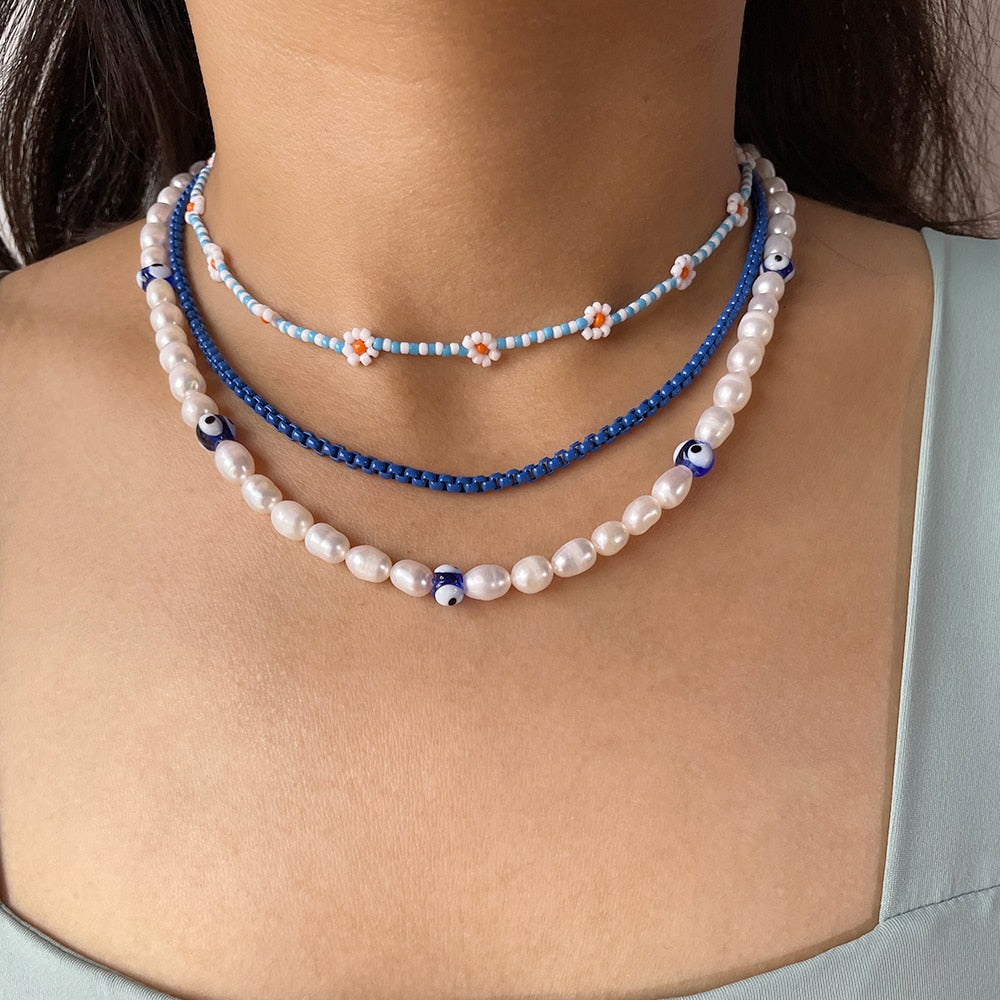 Peri'sBox White Freshwater Pearl Necklace For Women Colored Glaze Evil Eyes Bead Pearl Necklace Personality Summer Party Jewelry