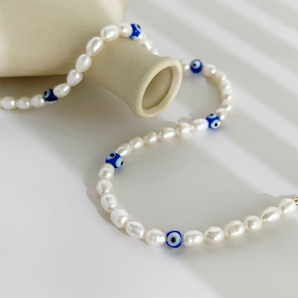 Peri'sBox White Freshwater Pearl Necklace For Women Colored Glaze Evil Eyes Bead Pearl Necklace Personality Summer Party Jewelry
