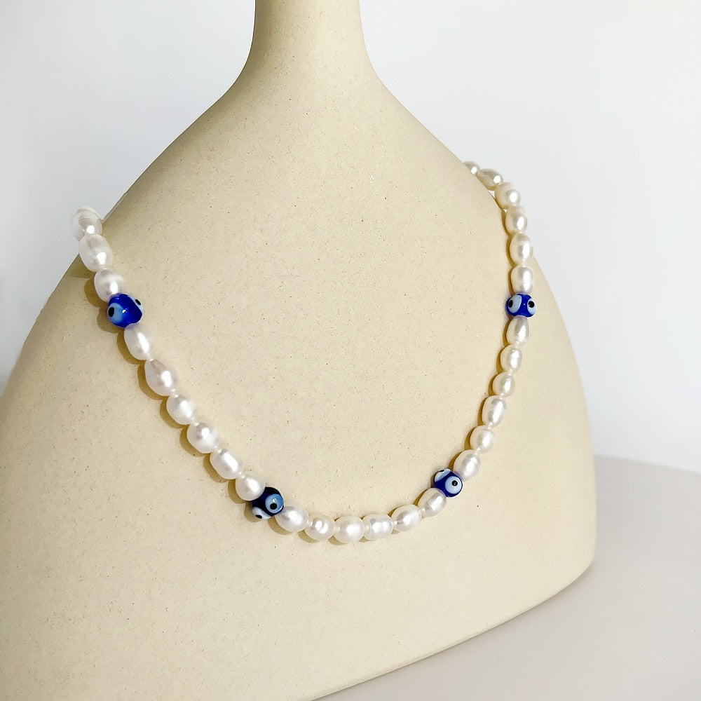 Peri'sBox White Freshwater Pearl Necklace For Women Colored Glaze Evil Eyes Bead Pearl Necklace Personality Summer Party Jewelry
