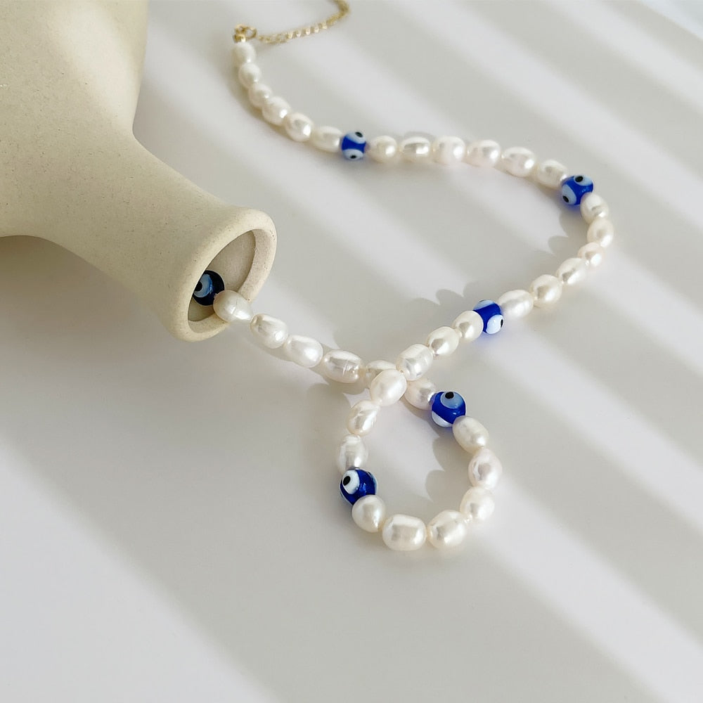 Peri'sBox White Freshwater Pearl Necklace For Women Colored Glaze Evil Eyes Bead Pearl Necklace Personality Summer Party Jewelry