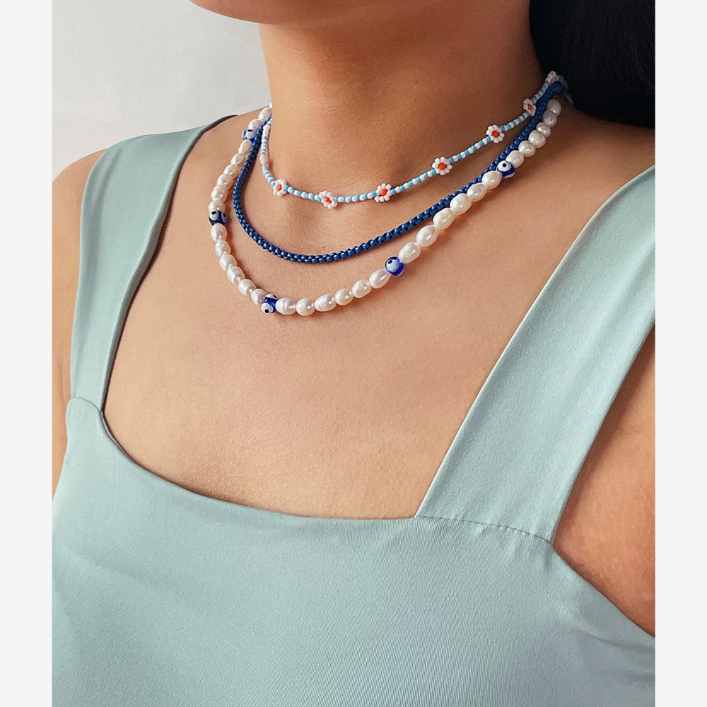Peri'sBox White Freshwater Pearl Necklace For Women Colored Glaze Evil Eyes Bead Pearl Necklace Personality Summer Party Jewelry