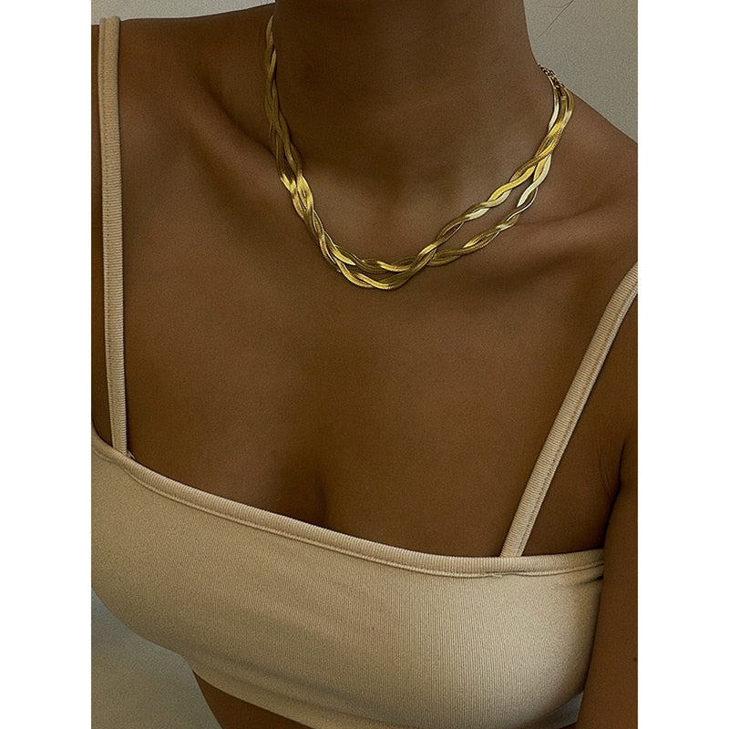 Peri'sBox trendy double snake chain necklace for women stainless steel gold color twisted herringbone chains choker collar