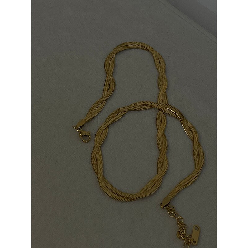Peri'sBox trendy double snake chain necklace for women stainless steel gold color twisted herringbone chains choker collar
